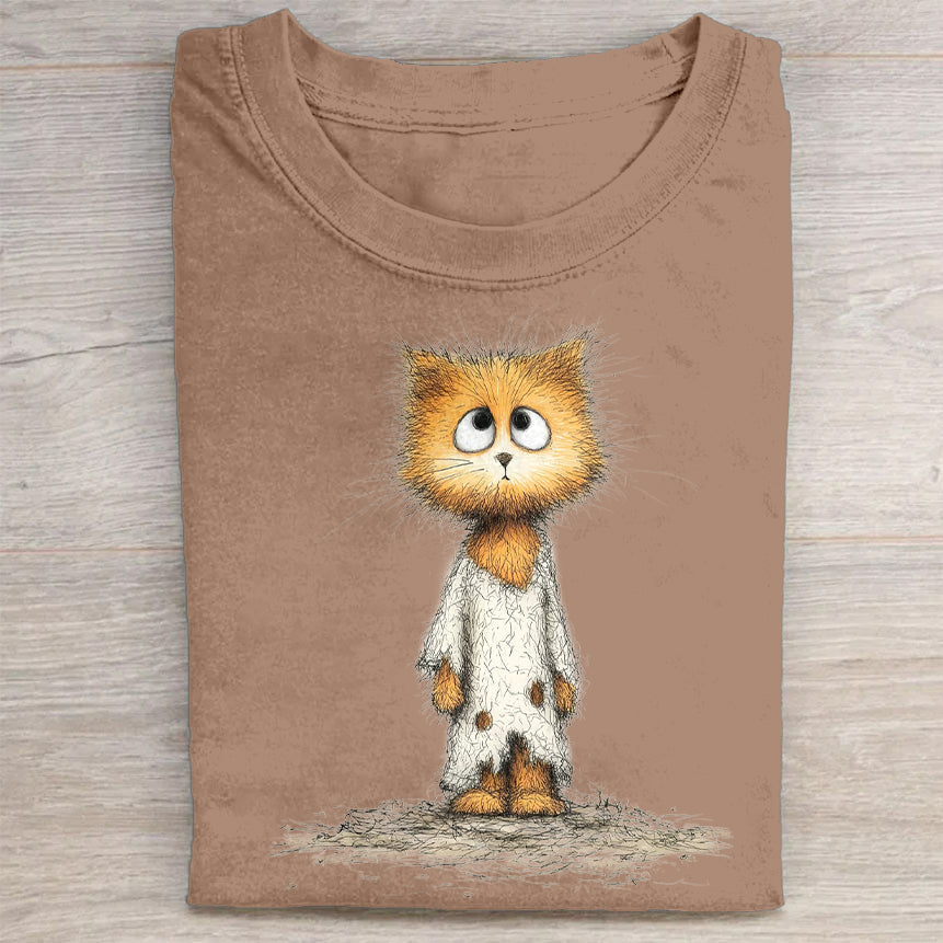 Cute Fluffy Cat in Pajamas Graphic Print T-Shirt