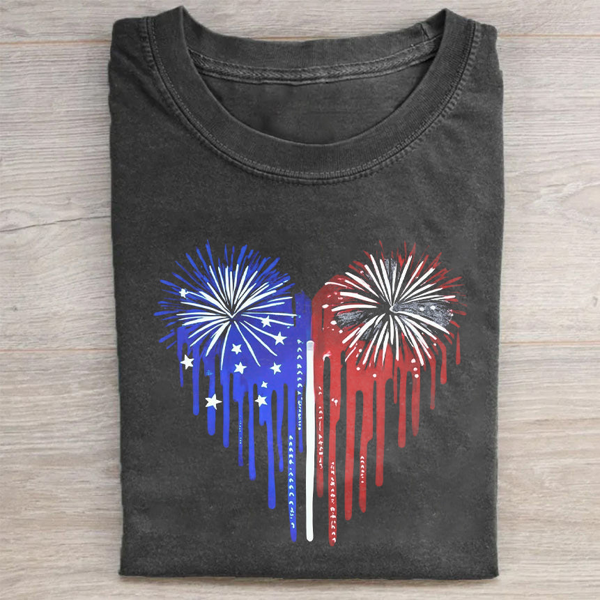 American Flag Heart Fireworks Graphic T-Shirt