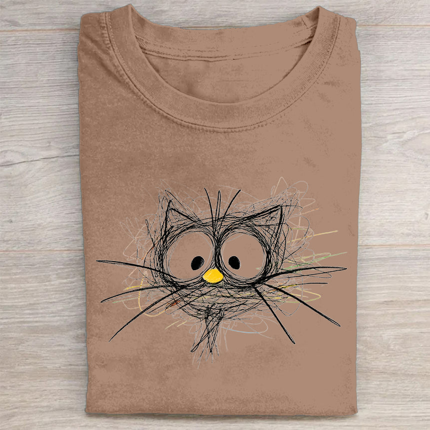 Abstract Cat Sketch Print Casual T-Shirt