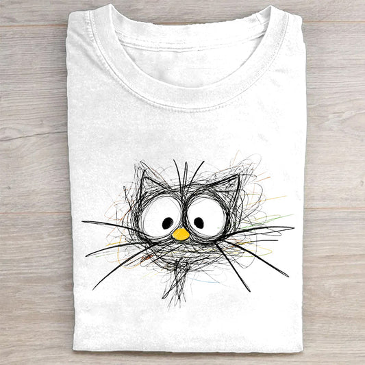 Abstract Cat Sketch Print Casual T-Shirt