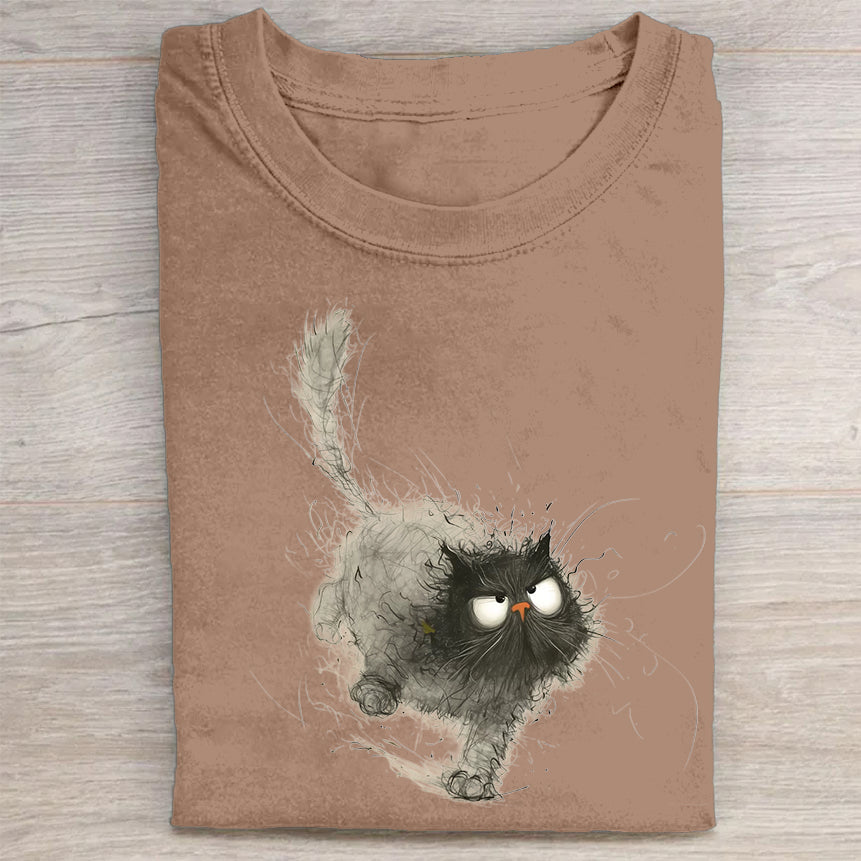 Fluffy Cat with Whiskers Graphic Print Round Neck T-Shirt