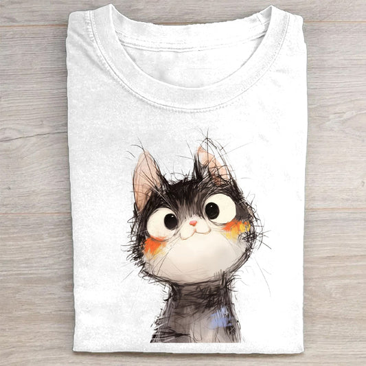 Cute Cat Face Print Casual T-Shirt