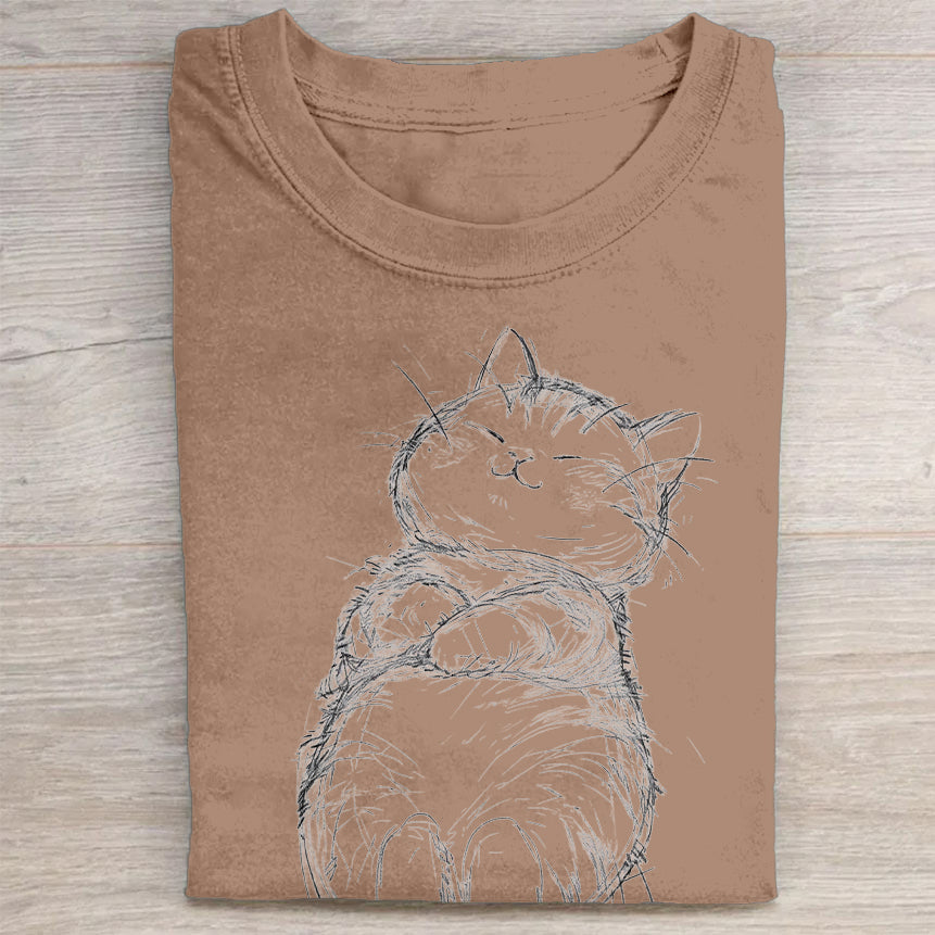 Whiskered Cat Sketch Graphic Print T-Shirt