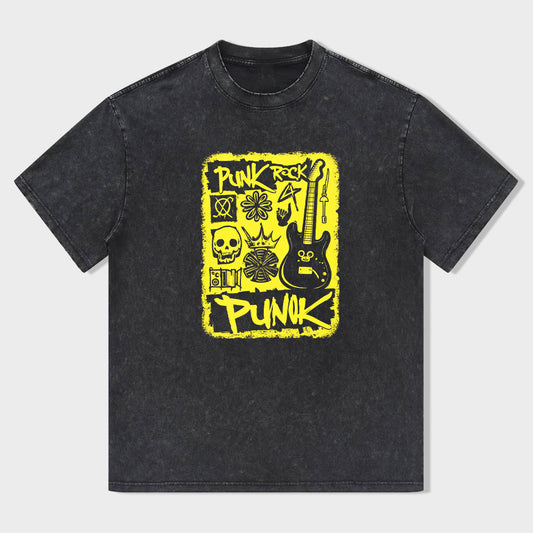 Retro Crew Neck Black T-Shirt with Punk Rock Skulls and Guitars Print for Music Festivals