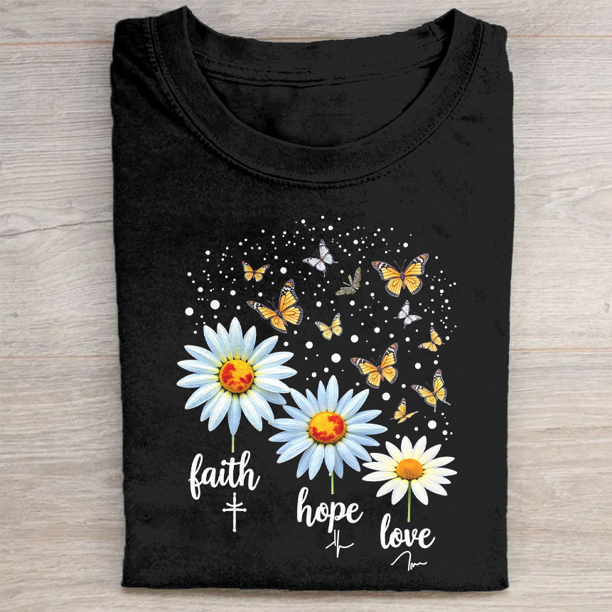 Faith Hope Love Daisy Butterfly Black T-Shirt