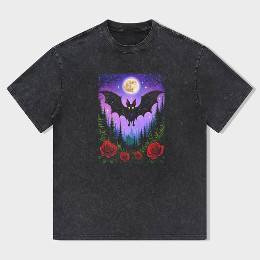 Halloween Bat Moon Night Forest Roses Graphic T-Shirt