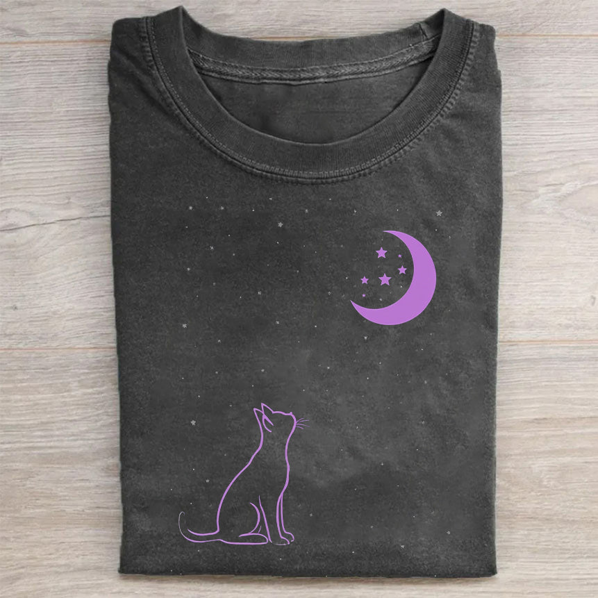 Cat and Crescent Moon Graphic T-Shirt