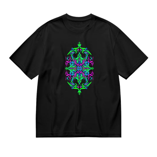 Black T-Shirt with Neon Green and Purple Ornate Graphic Design