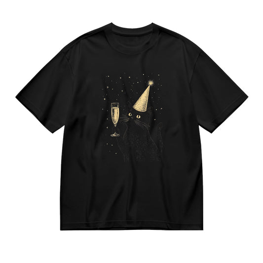 Black Cat with Party Hat and Champagne Glass Graphic T-Shirt