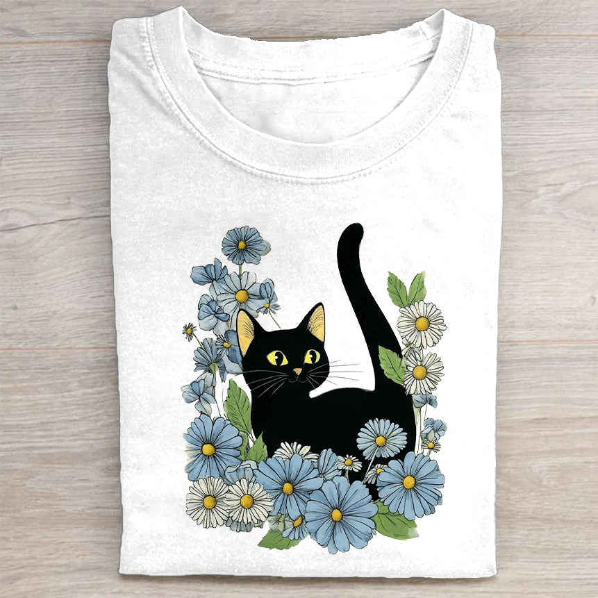Black Cat and Blue Flowers Graphic T-Shirt