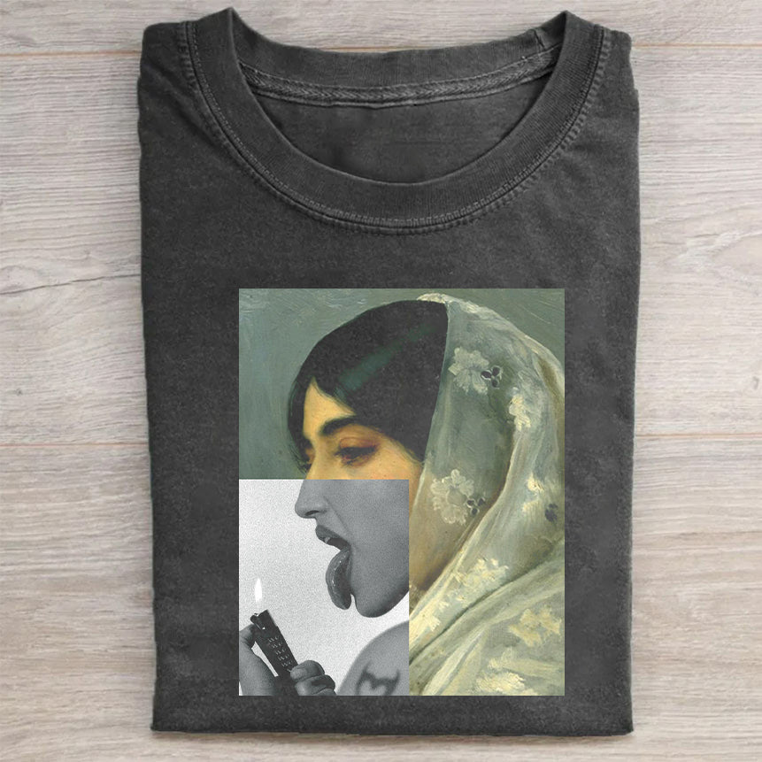 Vintage Graphic T-Shirt with Artistic Collage Design Men's Fashion Tee