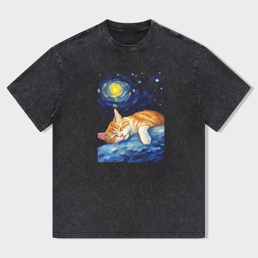 Short Sleeve Black T-Shirt with Dreamy Cat and Galaxy Print for Casual Wear