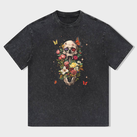 Round Neck Black T-Shirt with Skull Floral Print for Casual Wear
