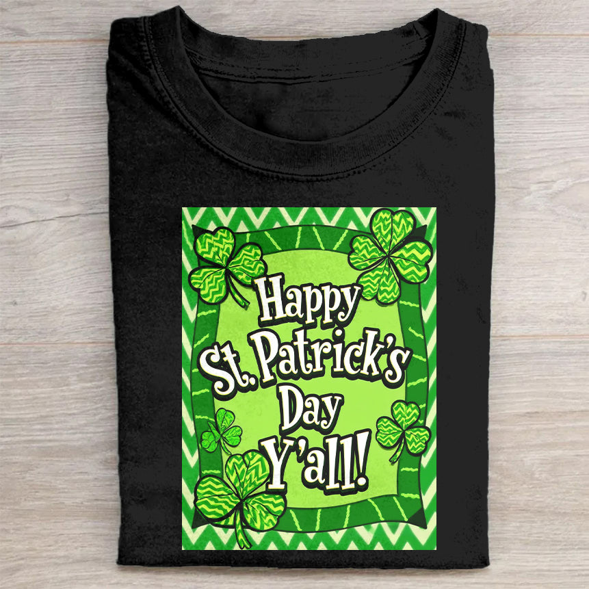 Happy St. Patrick's Day Y'all! Green Clover Pattern Black T-Shirt