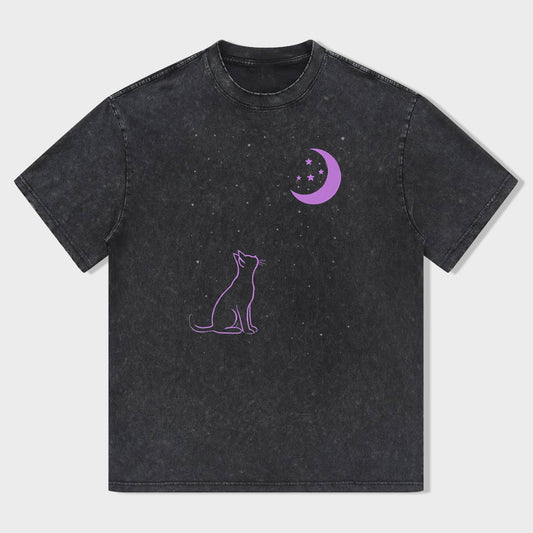 Cat and Crescent Moon Graphic T-Shirt