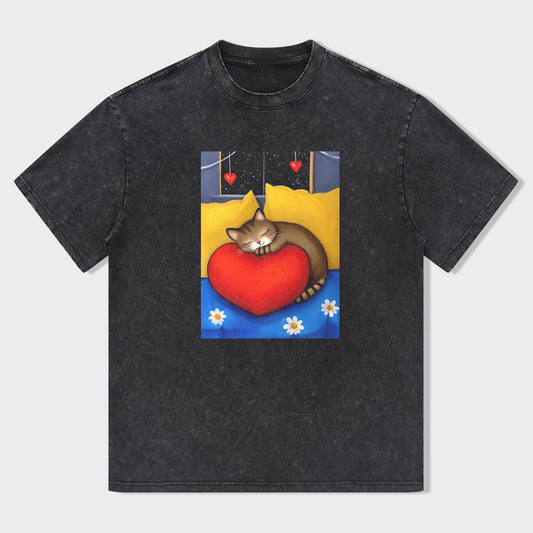 Crew Neck Black T-Shirt with Cat on Heart Print for Casual Wear