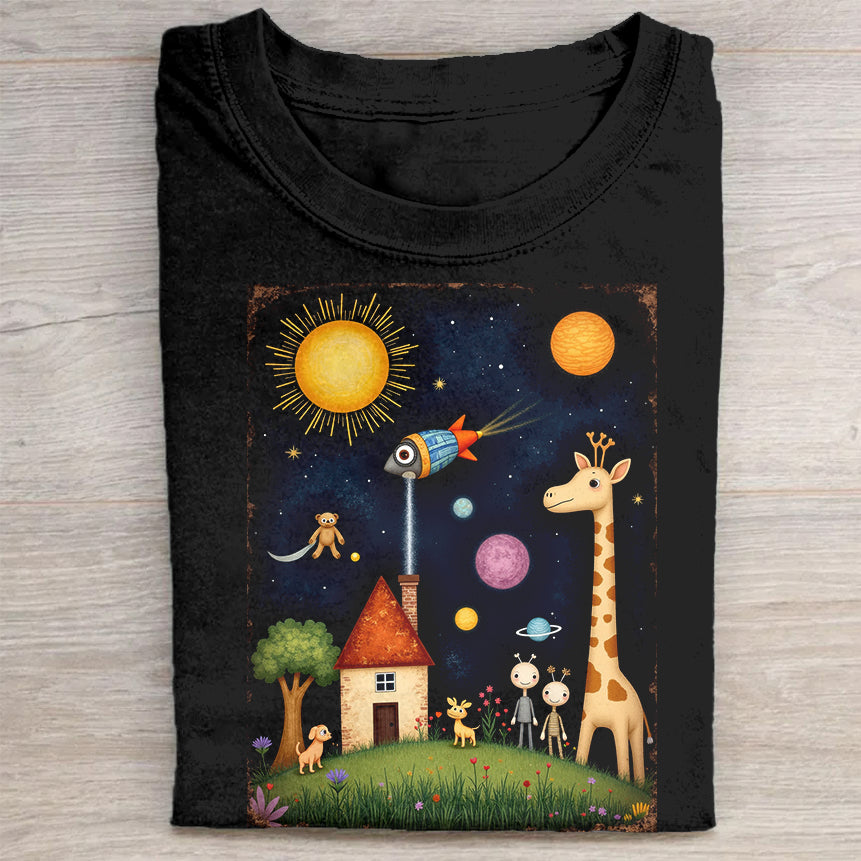 Cute Fantasy Art T-Shirt Giraffe, Rocket, and Sun Design T-Shirt