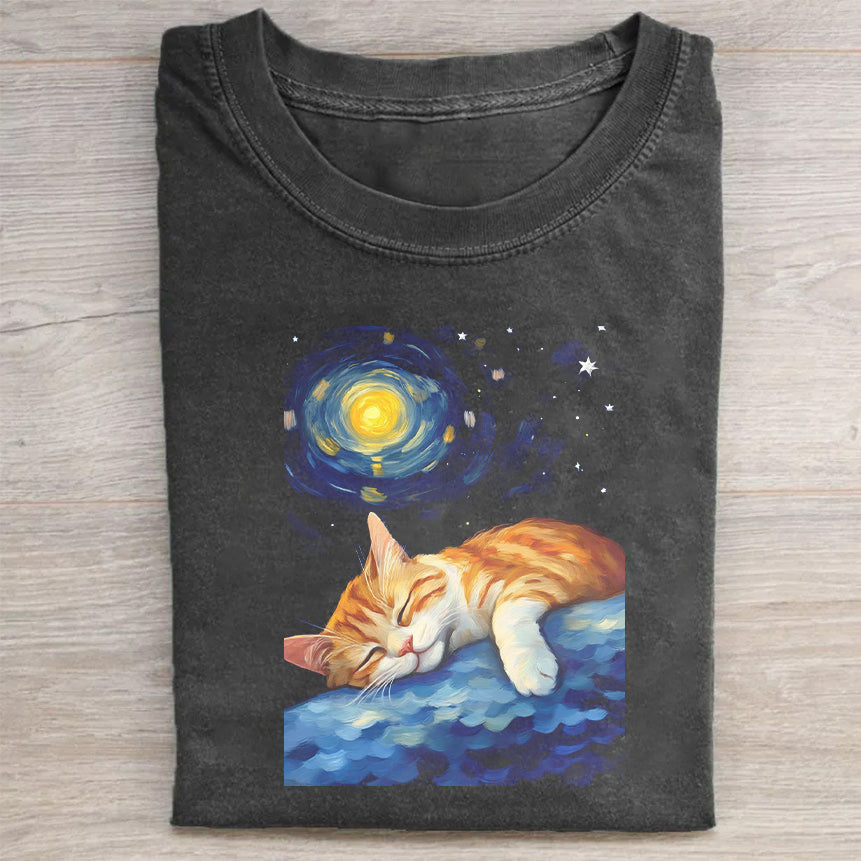 Short Sleeve Black T-Shirt with Dreamy Cat and Galaxy Print for Casual Wear