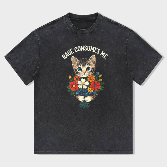 Rage Consumes Me Cat with Flowers Graphic T-Shirt