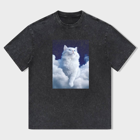 Cute White Cat in Clouds Graphic T-Shirt
