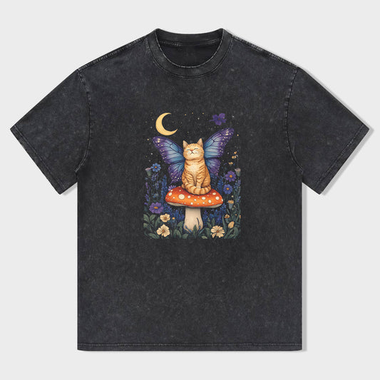 Magical Cat on Mushroom with Butterfly Wings Graphic T-Shirt