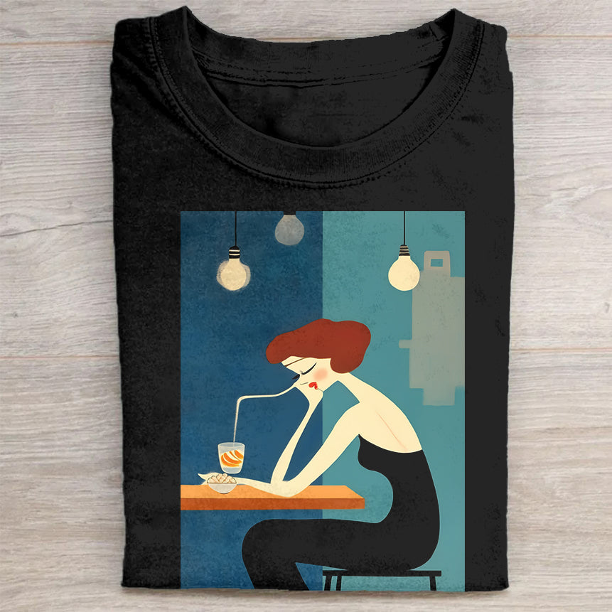 Stylish Graphic T-Shirt - Woman at Cafe Art Print Design - Unisex T-Shirt
