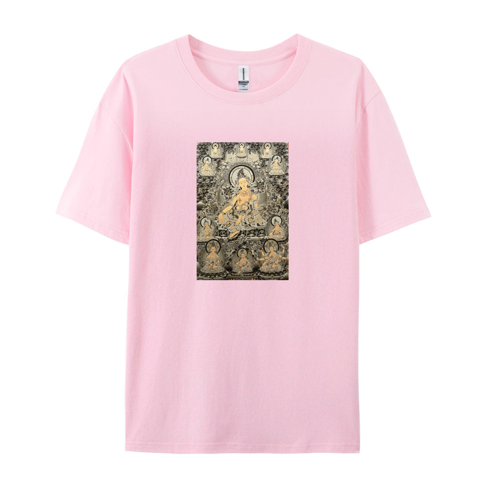 Buddhist Art T-Shirt Golden Buddha Design Spiritual Meditation Clothing Unique Religious Graphic Tee Men Women Unisex Fit Comfortable Casual Wear Traditional Zen Buddhism Apparel