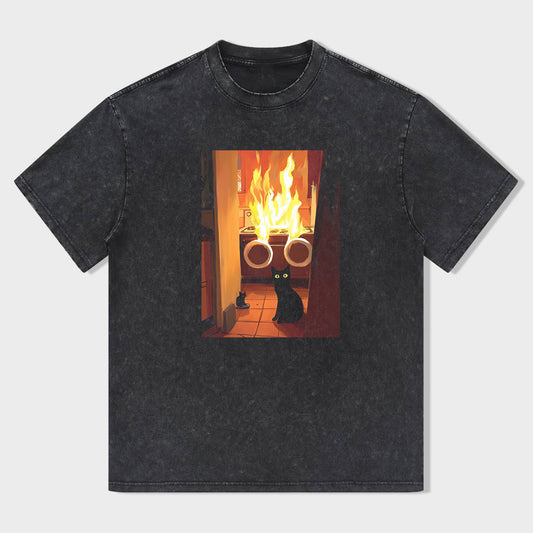 Black Cat by Fireplace Graphic T-Shirt