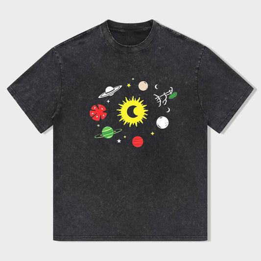 Short Sleeve Black T-Shirt with Colorful Solar System Print for Casual Wear