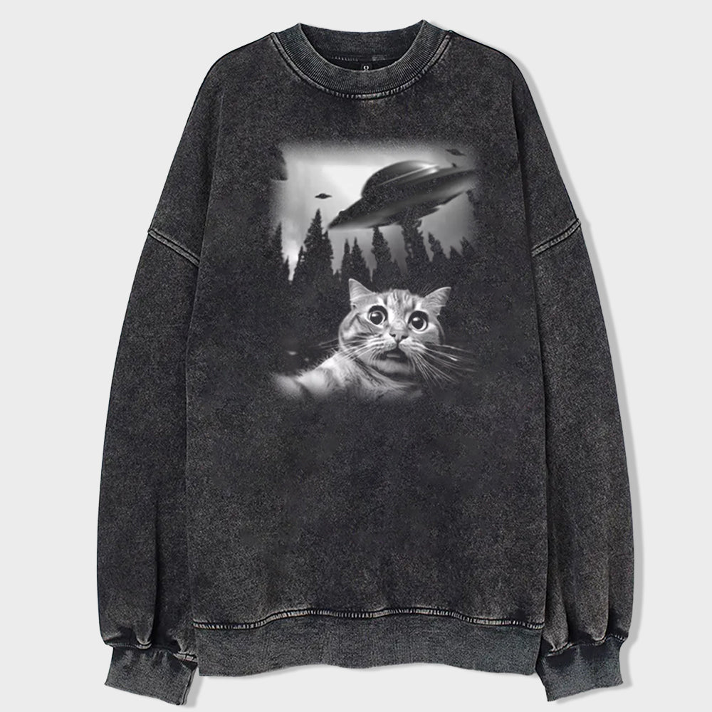 Cat Selfie With UFO Art Acid Wash Sweatshirt - heygraff