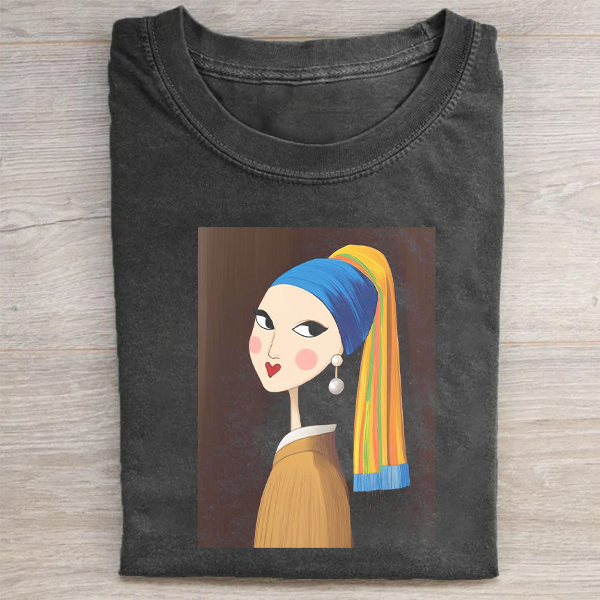 Girl with a Pearl Earring Art Print Women's Fashion Casual T-Shirt