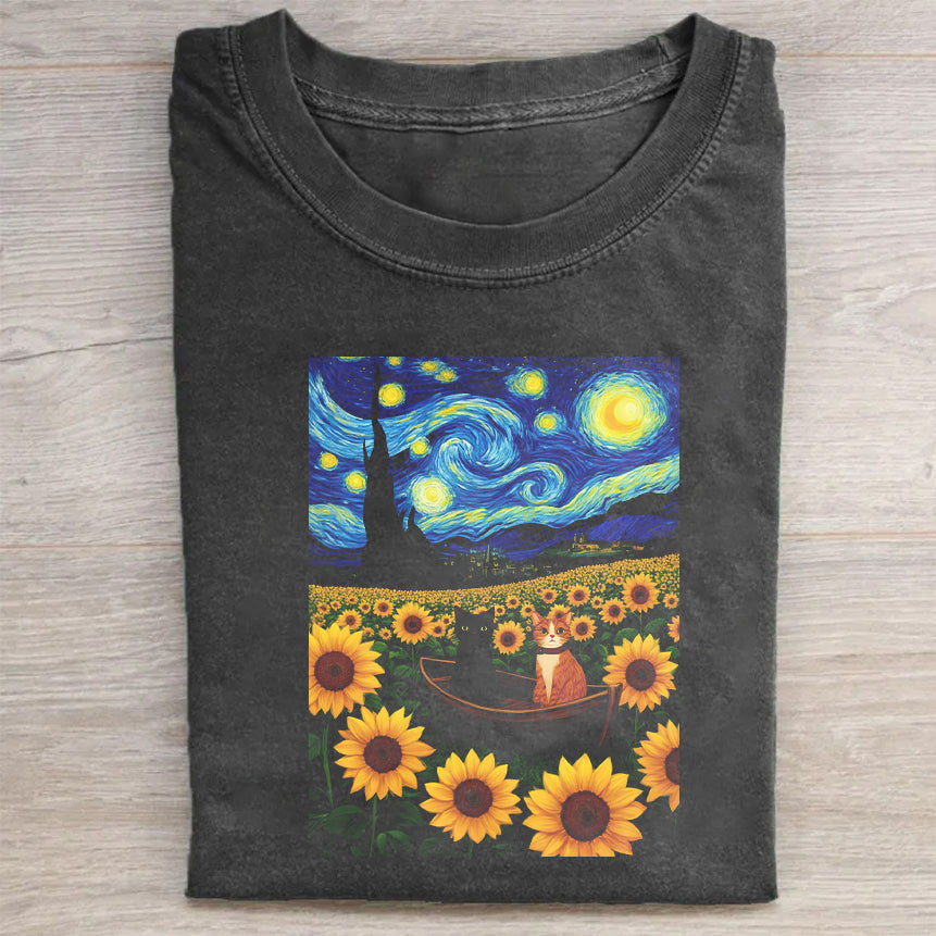 Starry Night and Sunflowers Art Print Men's Graphic T-Shirt