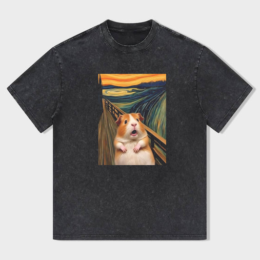 Short Sleeve Black T-Shirt with Scream Hamster Art Print for Casual Wear