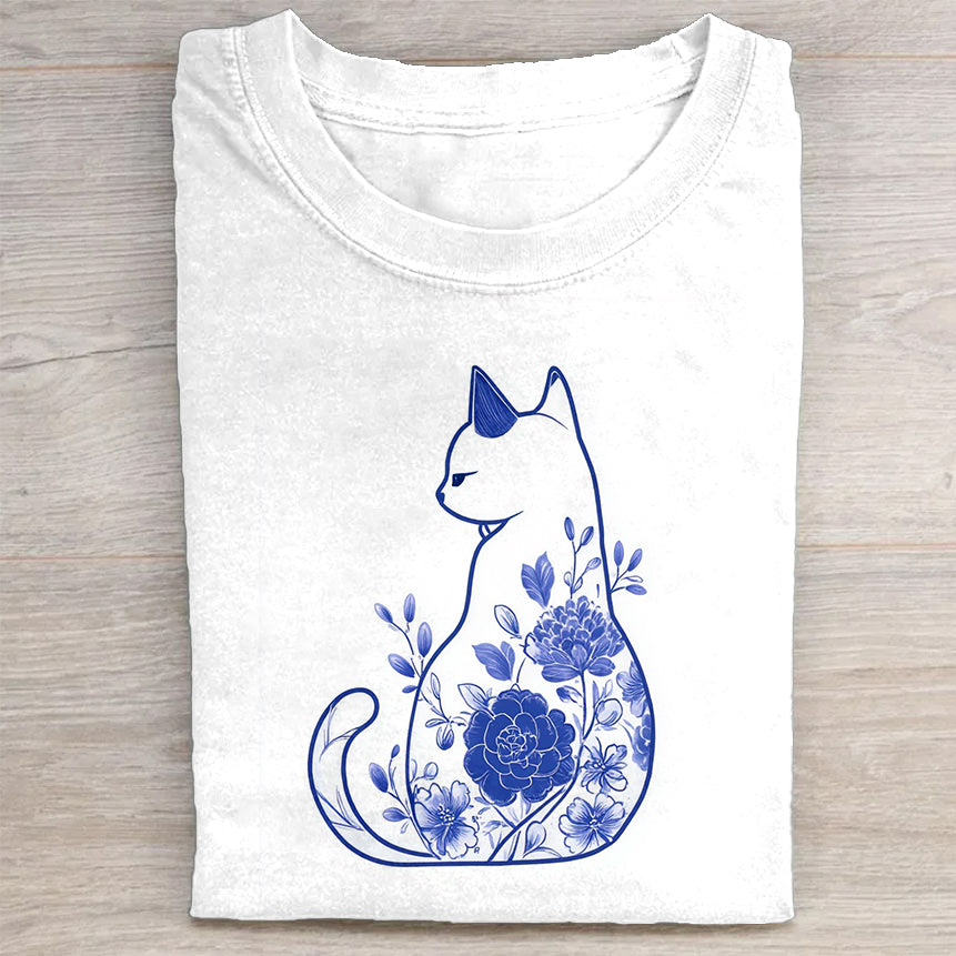 Blue Floral Cat Design Women's Casual T-Shirt