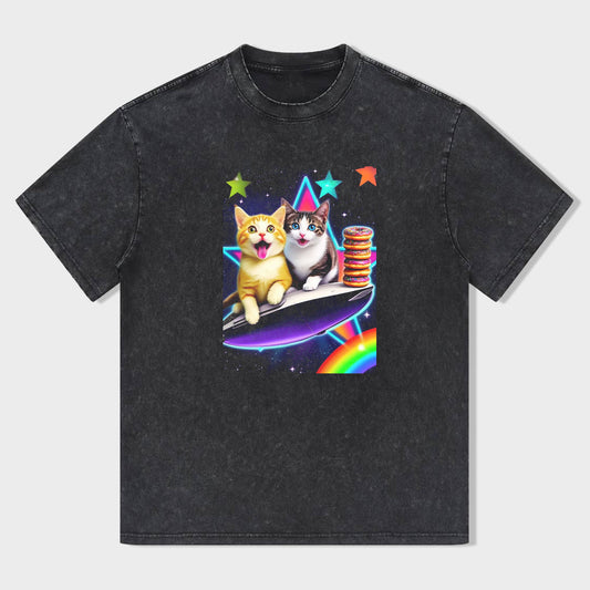 Cute Cat and Dog on Rainbow Surfboard Graphic T-Shirt