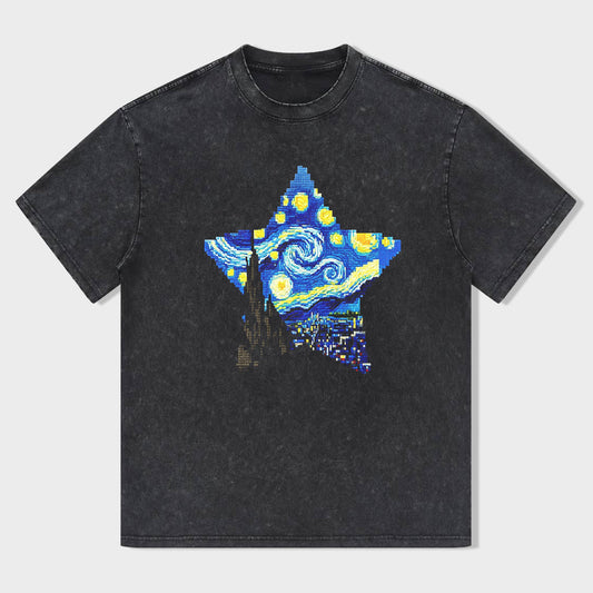 Short Sleeve Black T-Shirt with Starry Night Star Print for Casual Wear