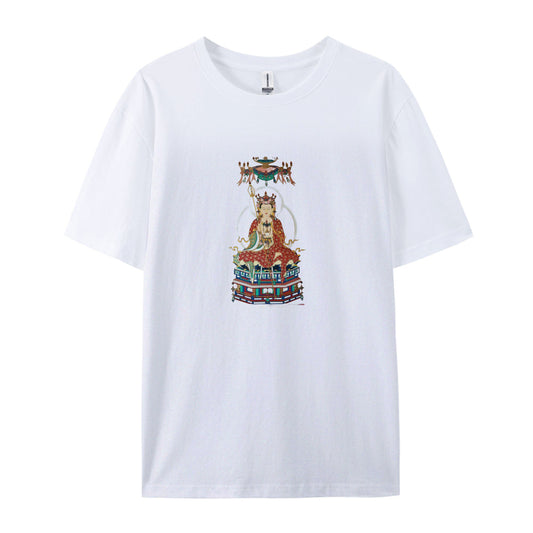 Buddhist Deity Artwork Graphic T-Shirt for Men Women Spiritual Meditation Clothing Comfortable Casual Tee Unique Design Top White Cotton Shirt