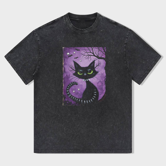 Round Neck Black T-Shirt with Halloween Cat and Moon Print for Festive Wear