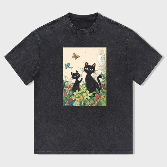 Crew Neck T-Shirt Black Cat and Kitten in Garden Print for Casual Wear