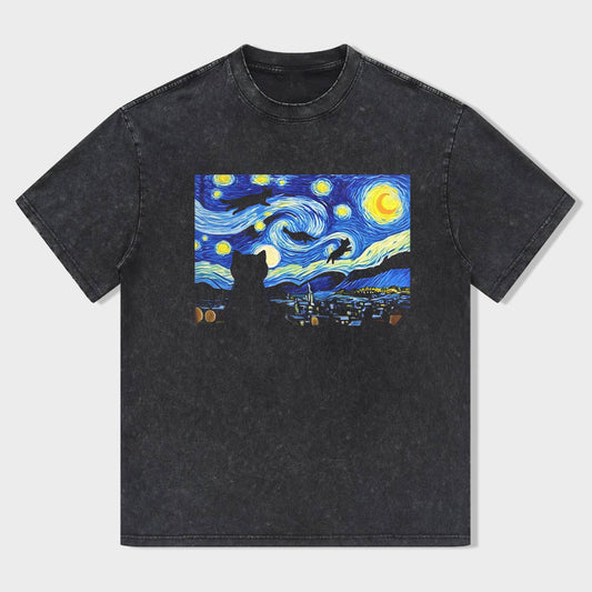 Short Sleeve Black T-Shirt with Starry Night Cat Print for Casual Wear