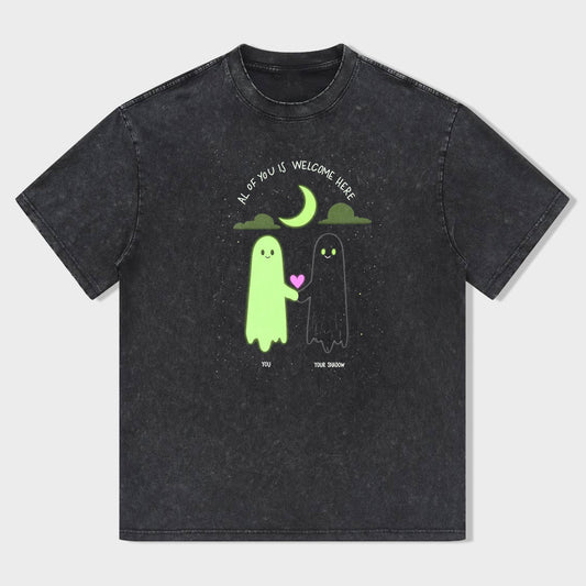 Crew Neck T-Shirt Black Cute Ghosts with Moon and All Who Wander Are Welcome Here Print for Casual Wear