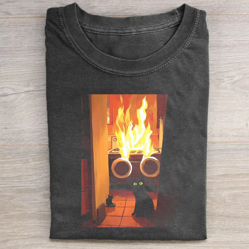Black Cat by Fireplace Graphic T-Shirt