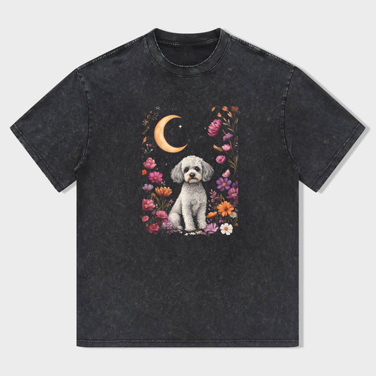 Cute Dog Floral Moon Night Graphic T-Shirt