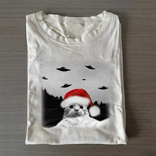 Christmas Cat Selfle With UFO Art Acid Wash Sweatshirt