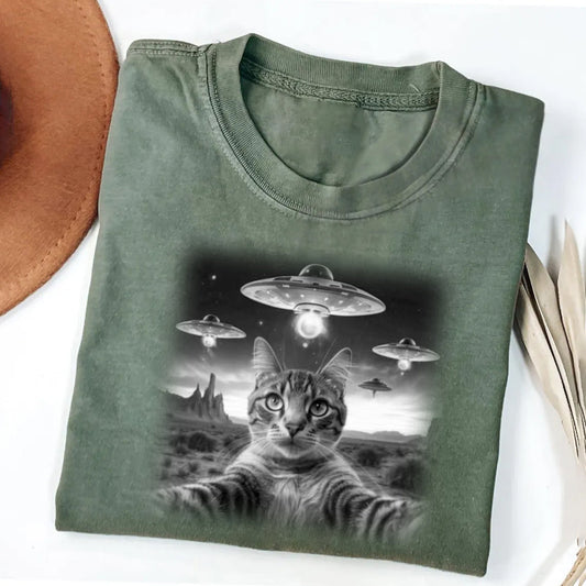 Cat Selfie With UFO Art Acid Wash Sweatshirt