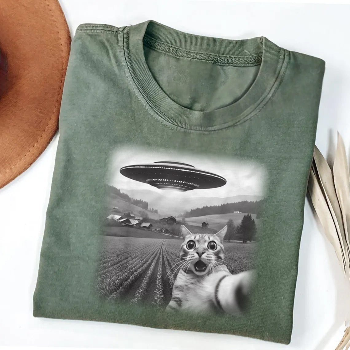 Cat Selfie With UFO Art Acid Wash Sweatshirt