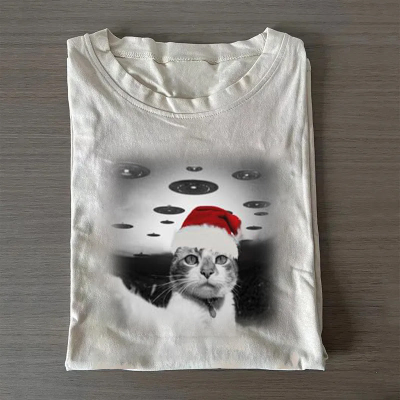 Christmas Cat Selfle With UFO Art Acid Wash Sweatshirt