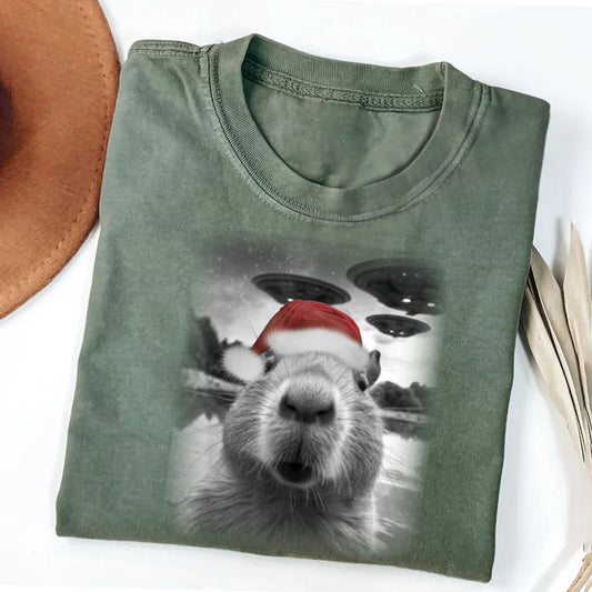 Christmas Capybara Selfle With UFO Art Acid Wash Sweatshirt