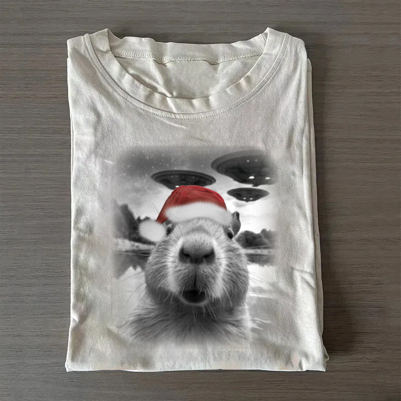 Christmas Capybara Selfle With UFO Art Acid Wash Sweatshirt