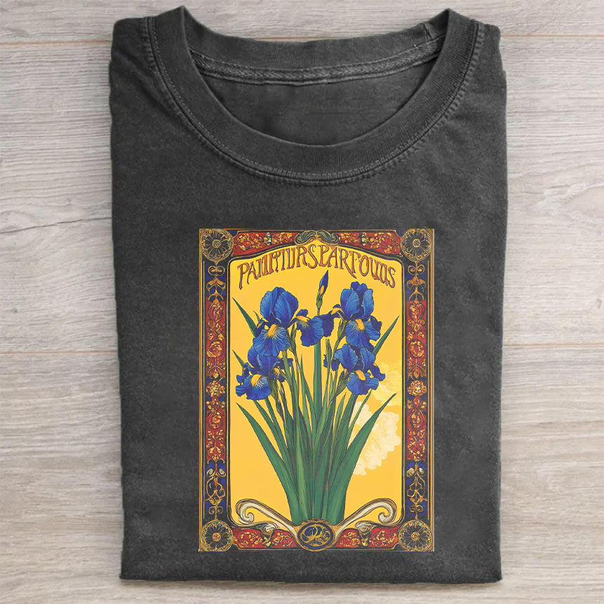 Vintage Black T-Shirt with Blue Iris Flower Graphic Design